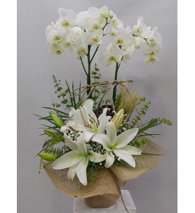 beyaz orkide ikili ve beyaz lilyum arajmanı