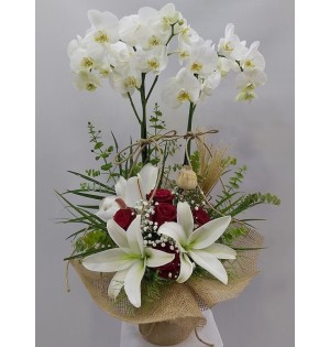 ikili beyaz orkide ve beyaz lilyum kırmızı gül arajmanı